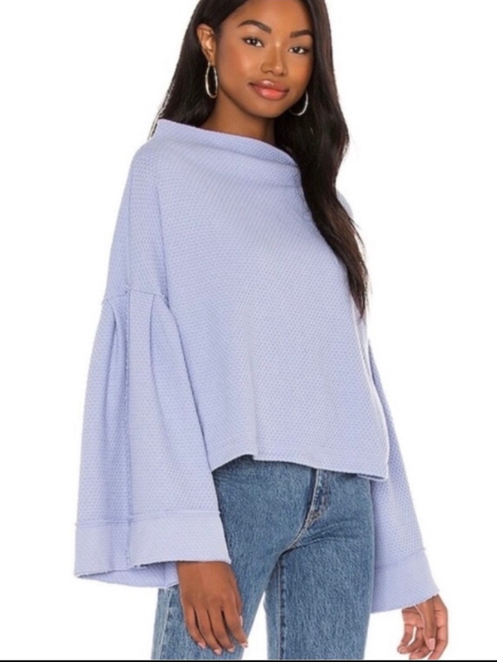 FREE PPL/WE THE FREE Blue Waffle Knit Mock Neck Crop Top Bell Sleeves SMALL